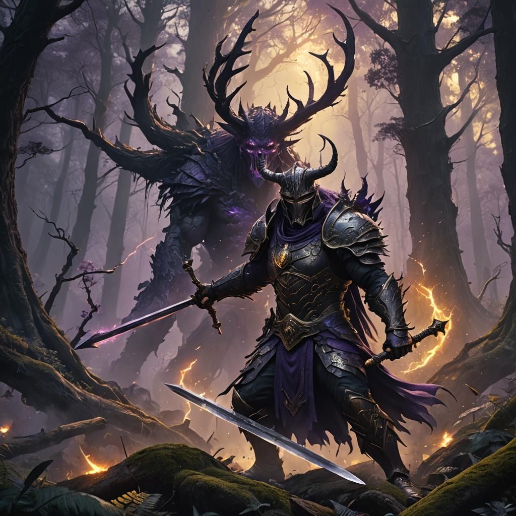 Mystical Warrior in Dark Fantasy Forest