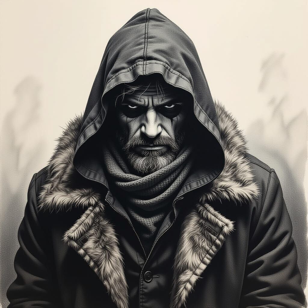 Disturbing Figure in Hooded Fur, Charcoal Drawing Style