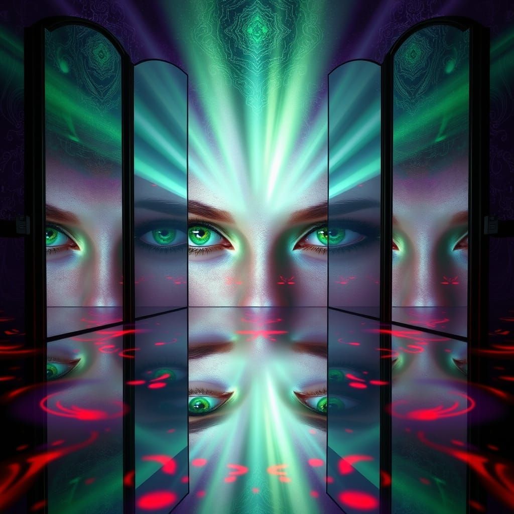 Ethereal Goddess Eyes Reflected in Dreamlike Mirrors
