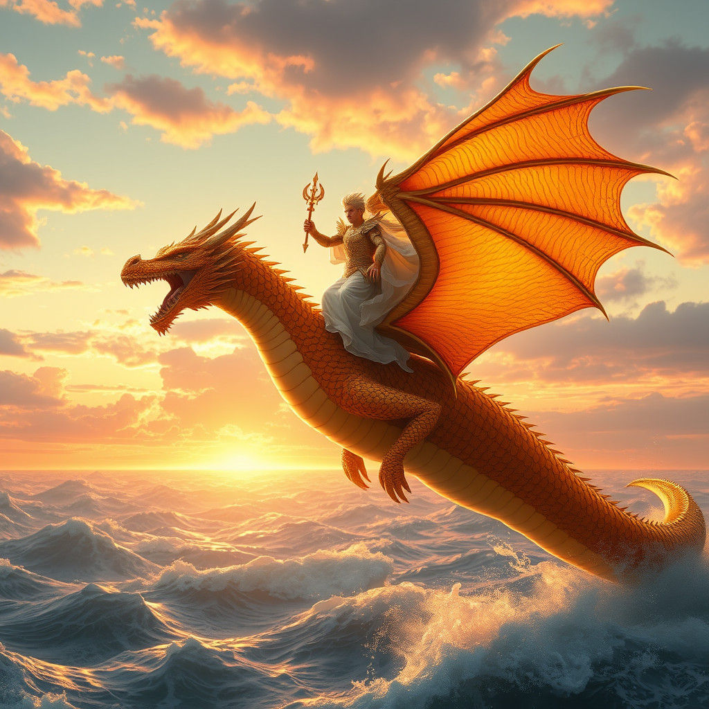 God and Dragon Soaring at Sunset