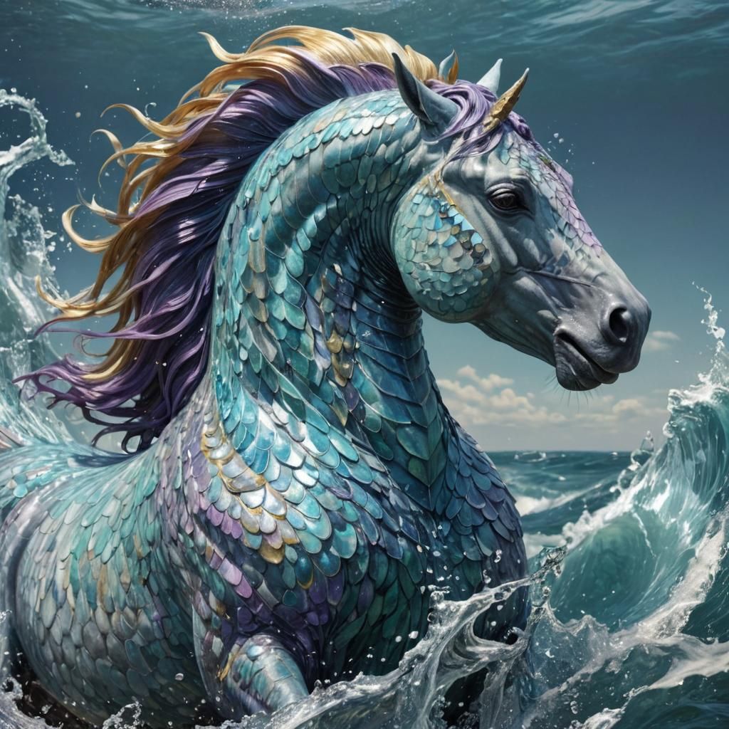 Hyperrealistic Hippocampus in Aquatic Splash Art