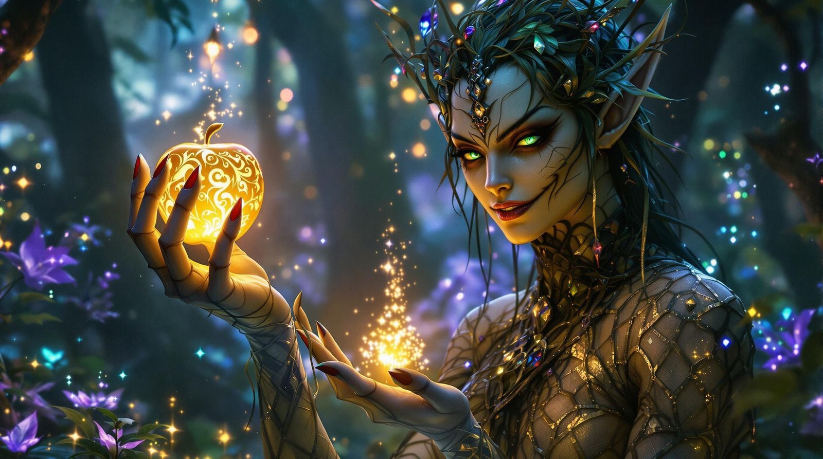 Enigmatic Fey Supreme Offers Golden Apple in Ethereal Forest