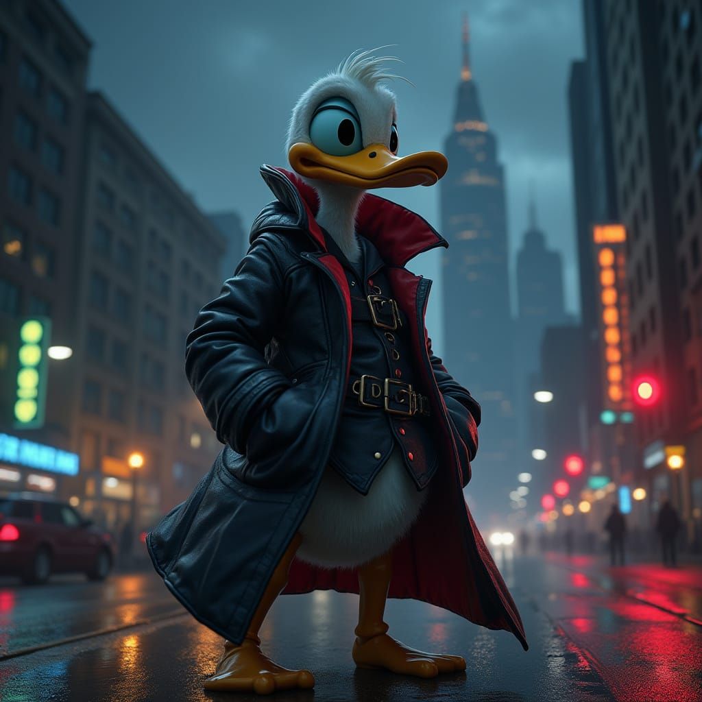 Donald Duck in Cyberpunk Cityscape