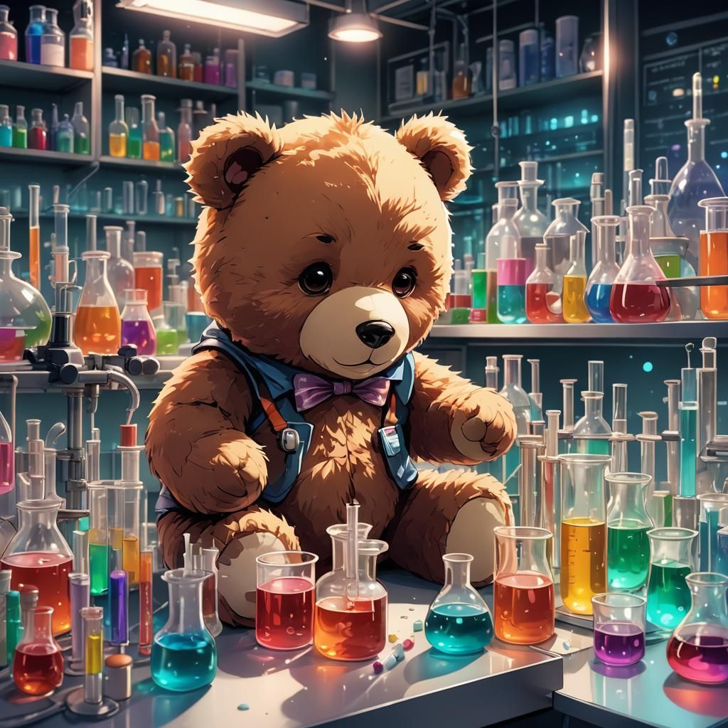Teddy Bear in Chemistry Lab, Digital Manga Art