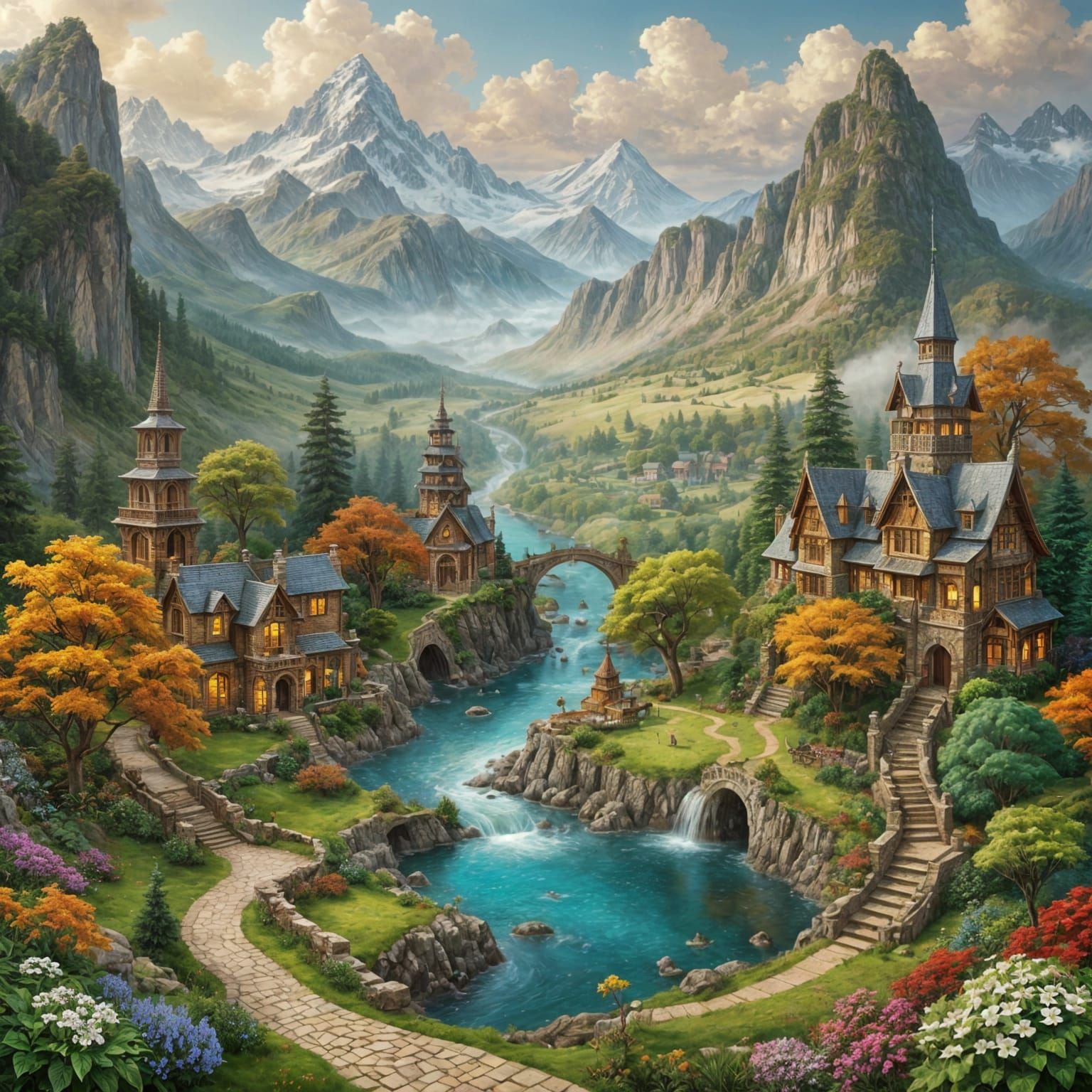 Whimsical Fantasy Village in a Masterpiece Landscape