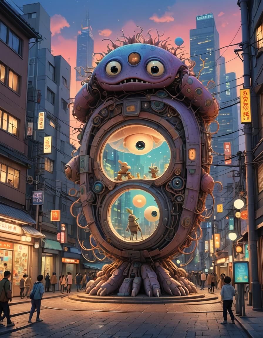 Creature Plays in Tokyo Near Portal, Pixar Style
