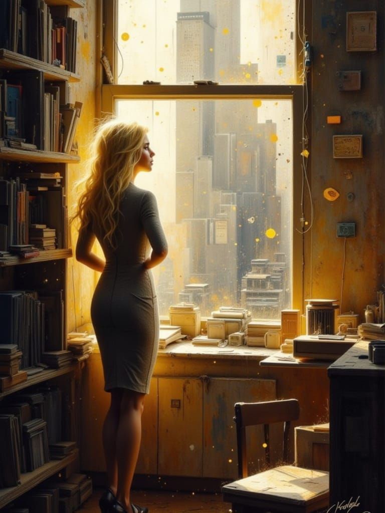 Woman in Office Window, Sunlight Streams In