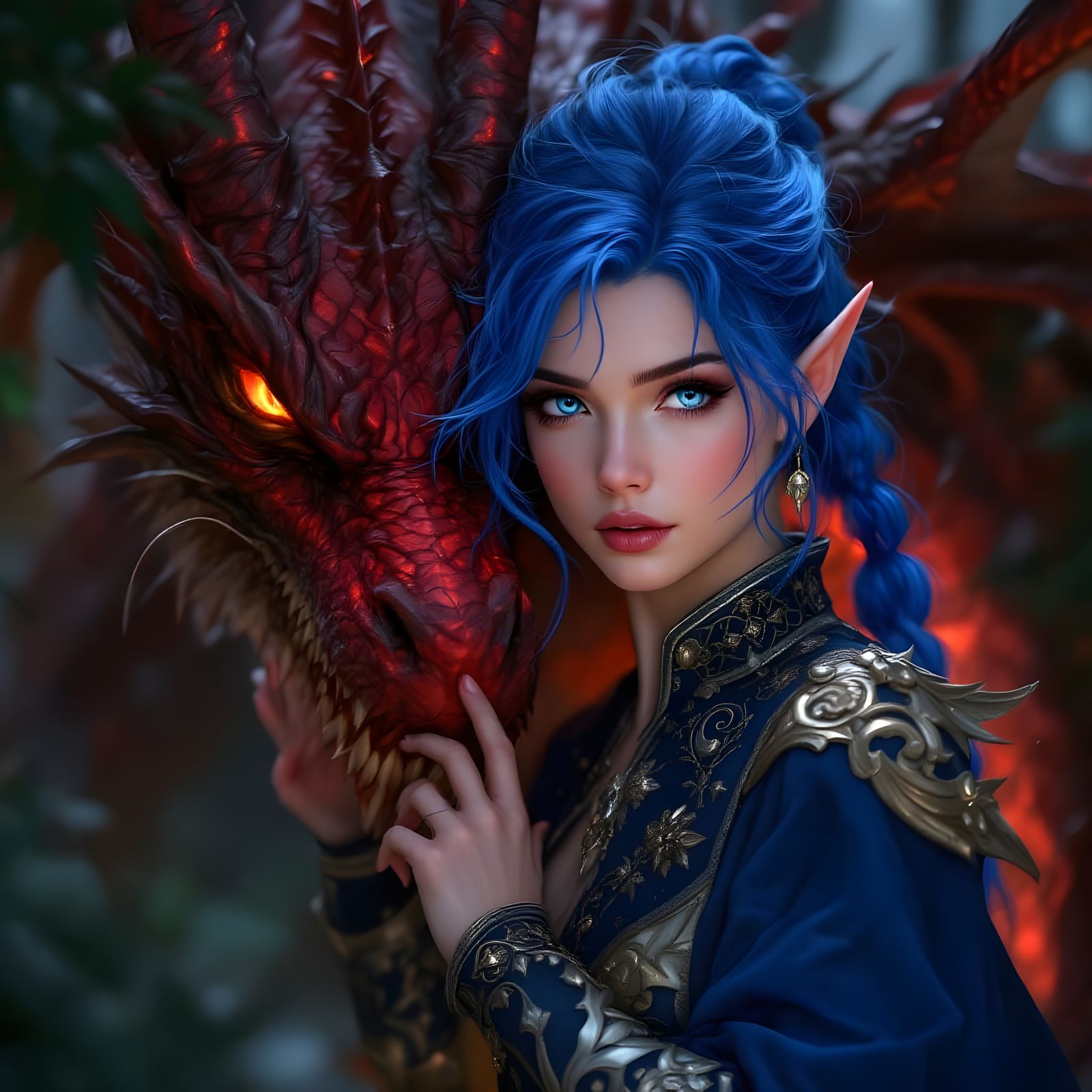 Elegant Elf Warrior Battles Red Dragon in Dark Forest