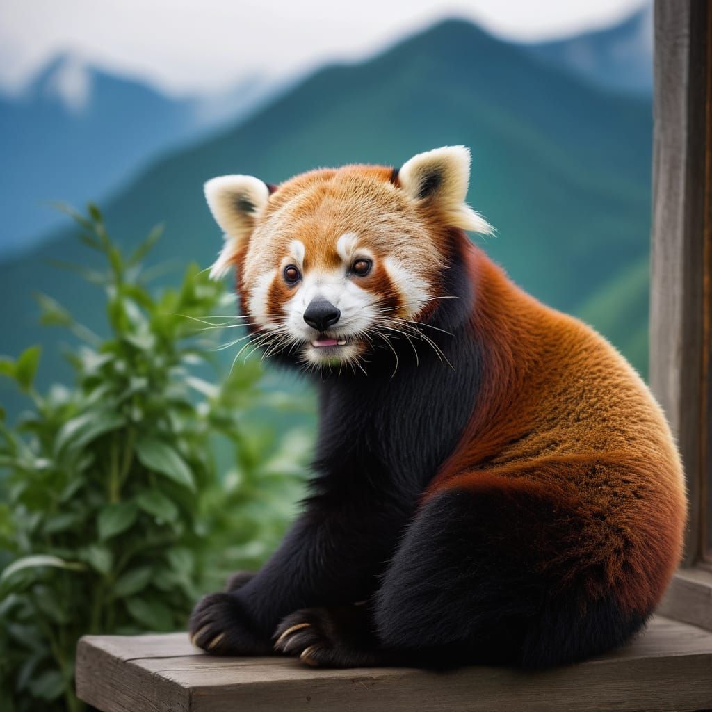 Surreal Mountain Home with Cuddly Red Panda