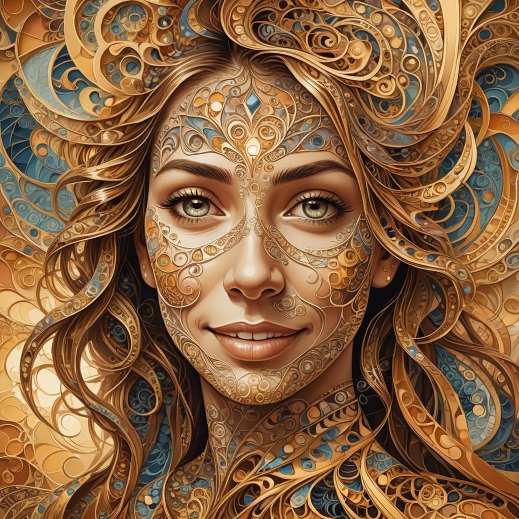 Smiling Woman with Zentangle Patterns and Golden Light