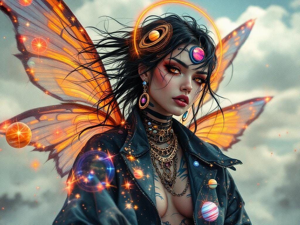 Cosmic Fairy Oracle with Glowing Wings in Surrealist Style