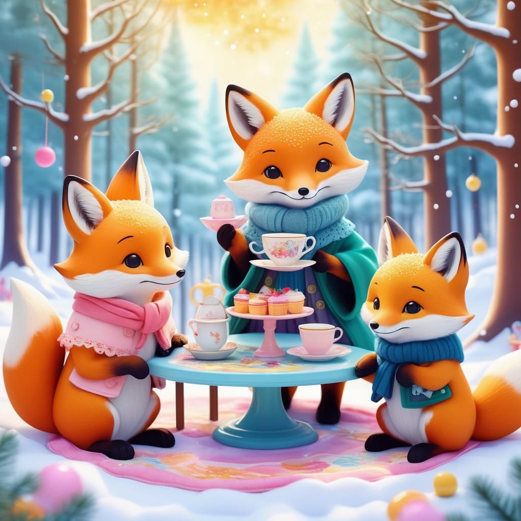 Cartoon Foxes Tea Party in Forest Clearing