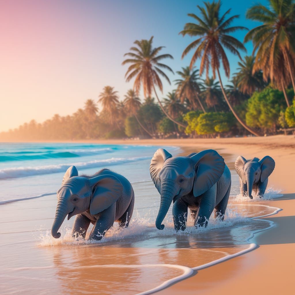 Baby Elephants Play on a Sunny Beach