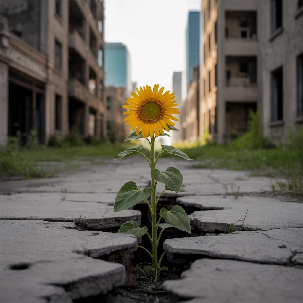 Resilient Sunflower Sprouts in Post-Apocalyptic Cityscape