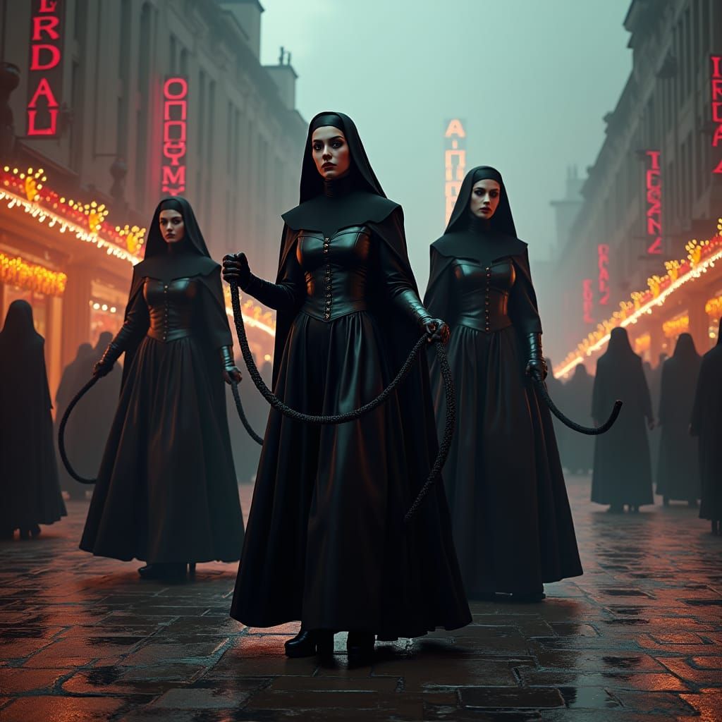Gothic Nuns with Bullwhip in Dark Fairground