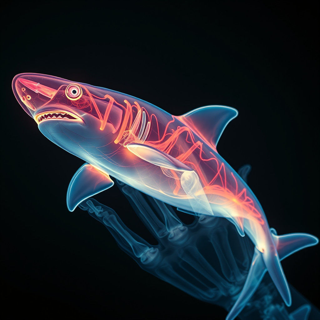 Neon X-Ray Shark Swimming Under Night Sky