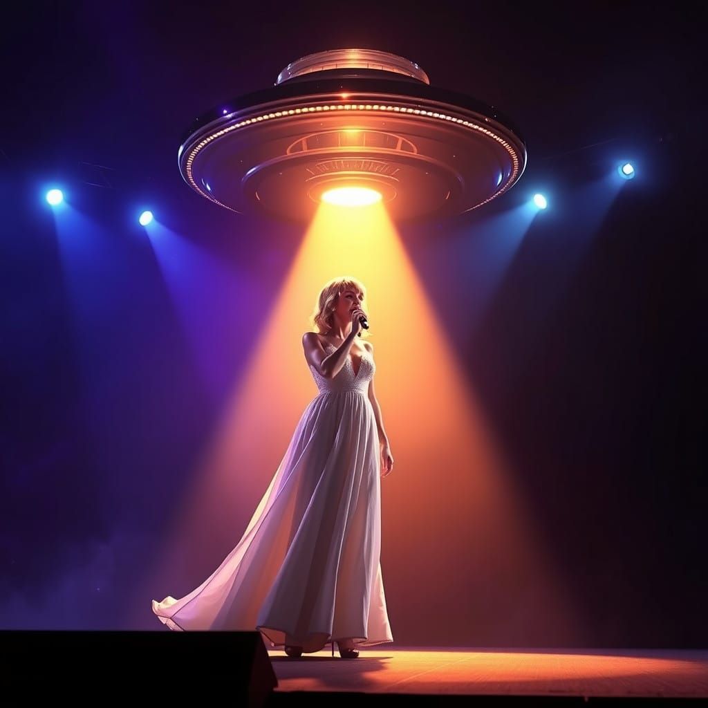 Singer Lifted Off Stage by Radiant UFO in Celestial Glow