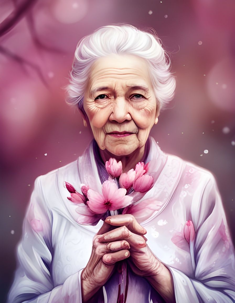 Grandmother with Sakura Twig in Mixed-Media Style