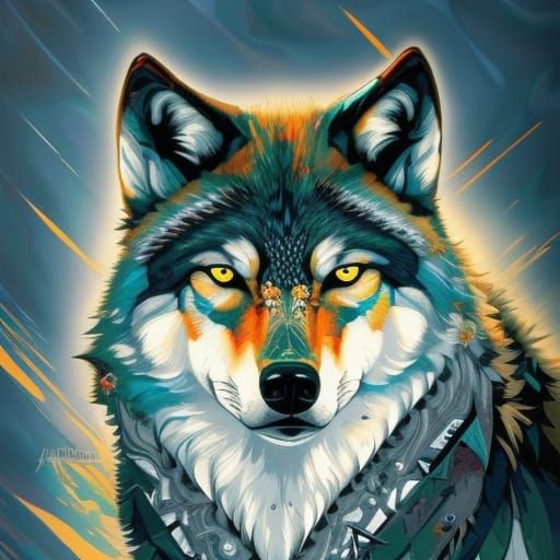 Badass Wolf Portrait in Marbling Oil Gouache Style