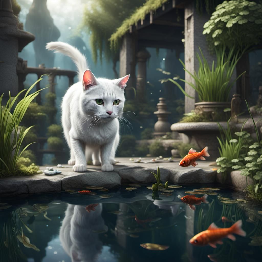 White Cat Yearning for Fish Pond in Detailed Painting