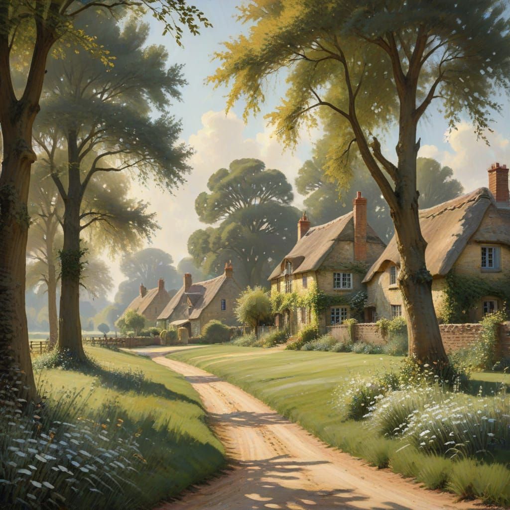 English Countryside Cricket Match in Impressionist Oil Paint...