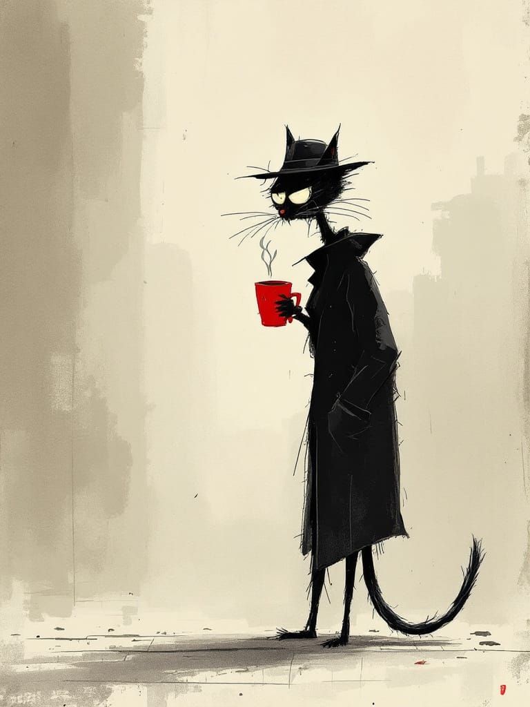 Noir Cat with Red Mug in Foggy Cityscape