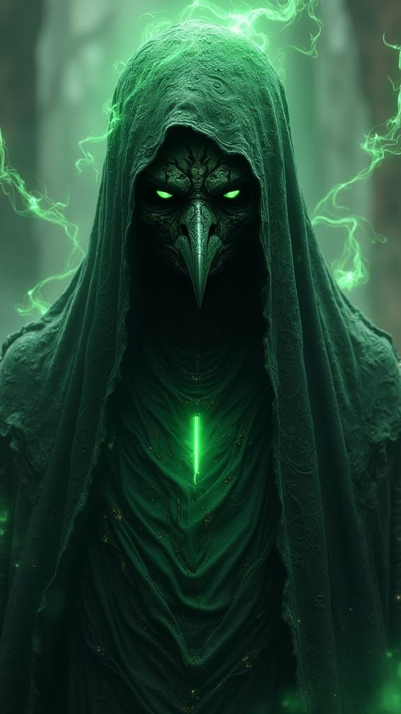 Raven Humanoid Figure Radiates Green Energy in Dark Robes