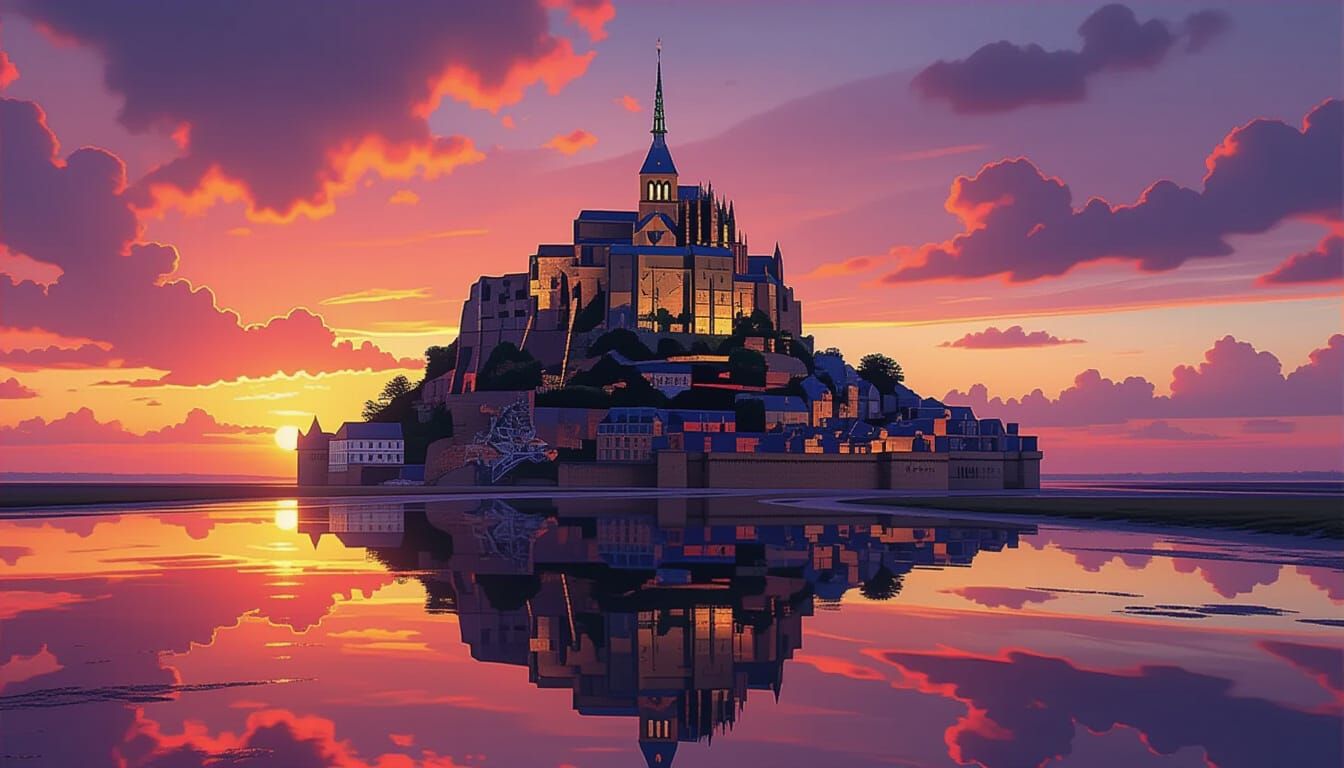 Mont Saint-Michel at Vibrant Sunset in Digital Matte Style