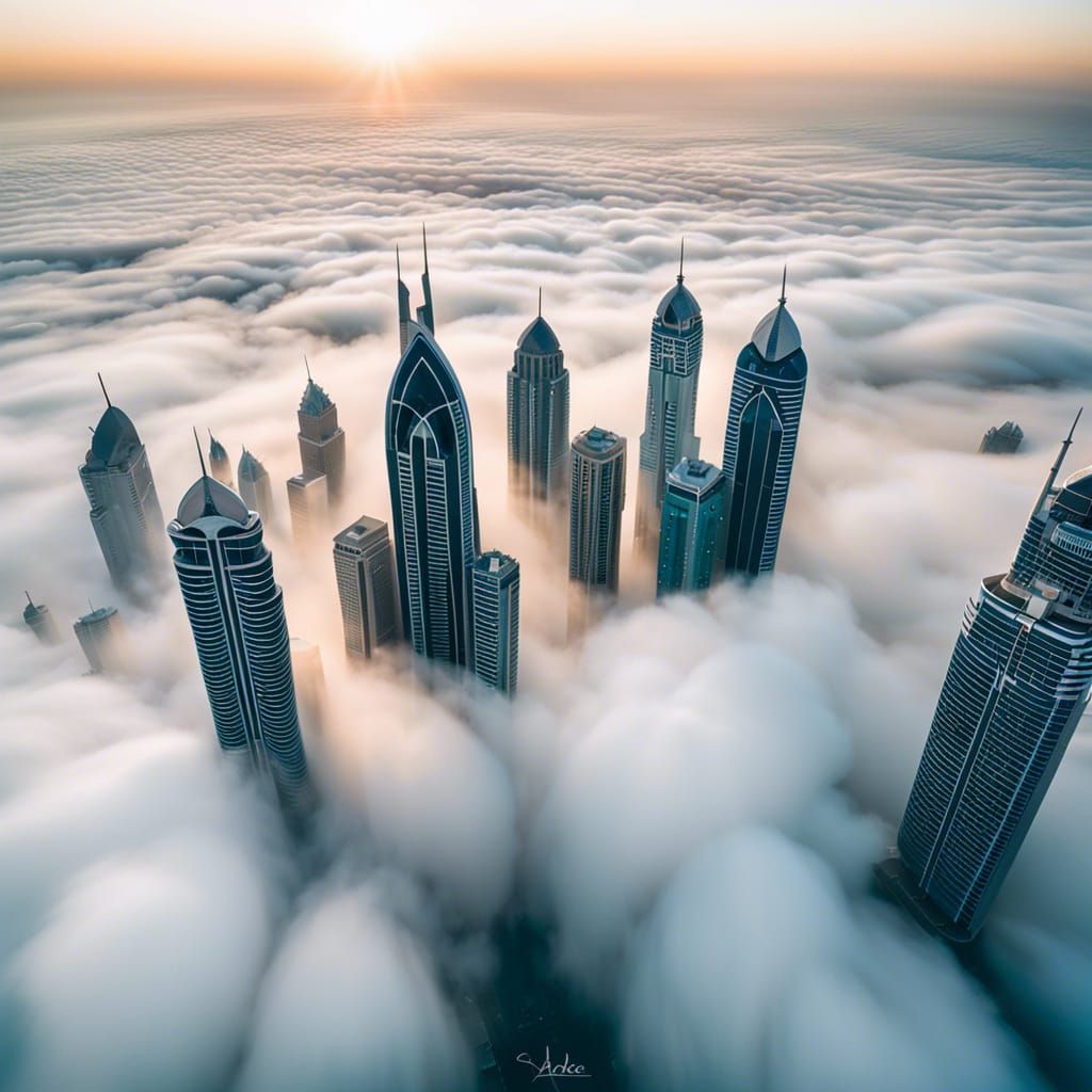 Skyscrapers in Clouds: Dusk Aerial View of Dubai