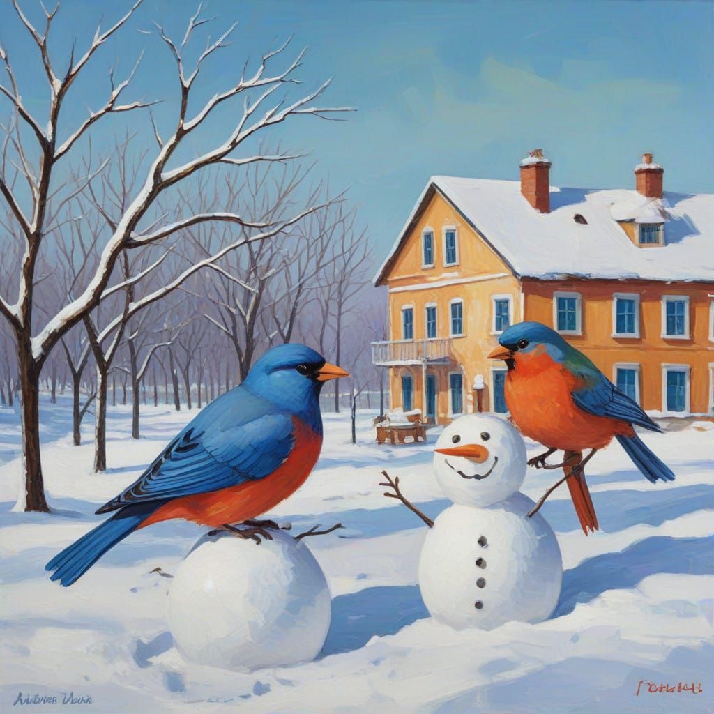 Whimsical Winter Scene with Snowmen and Iridescent Bluebirds