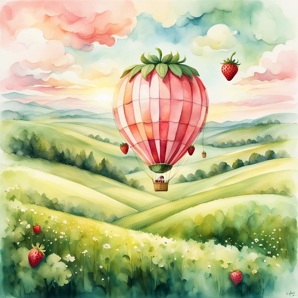 Strawberry Hot Air Balloon in Watercolor Style