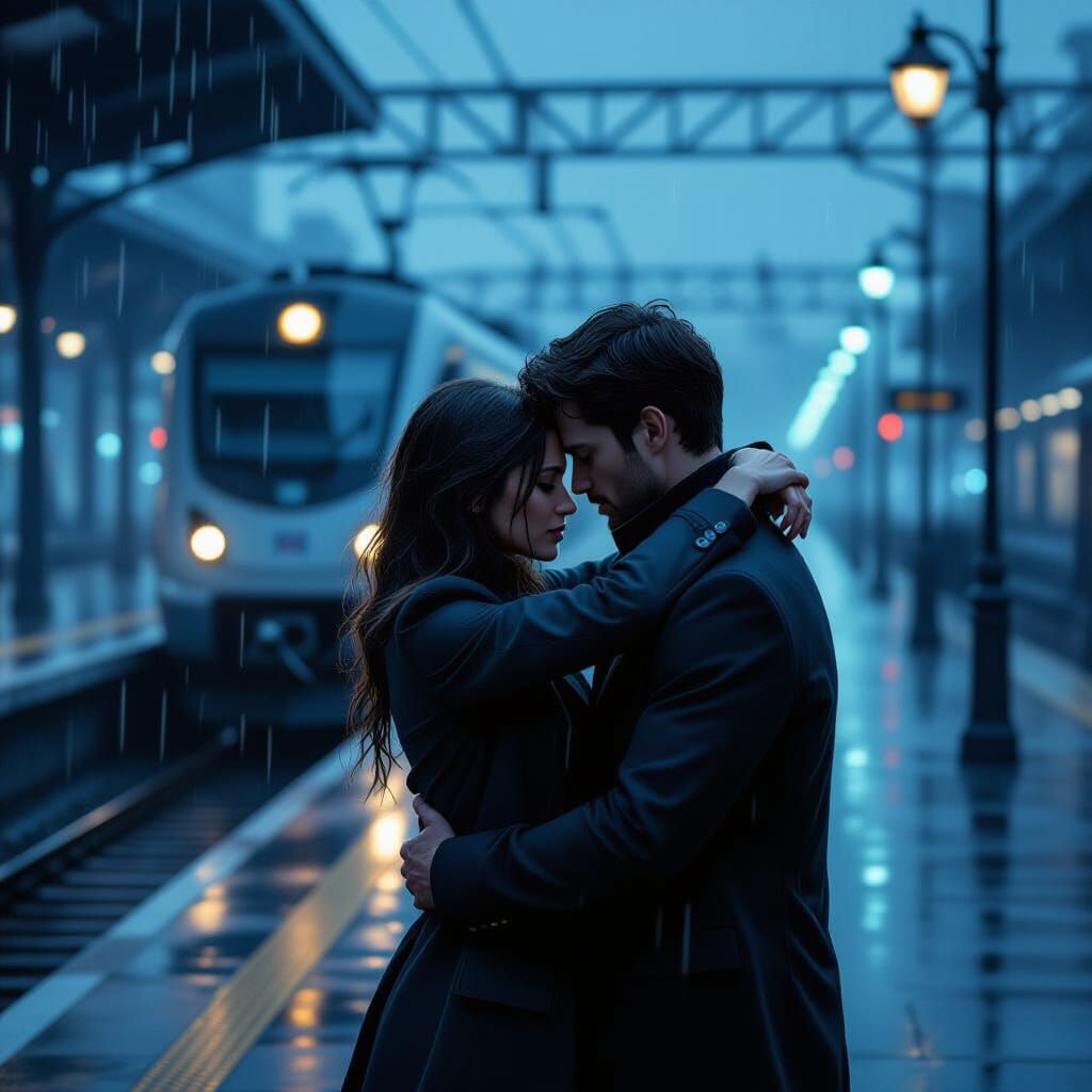 Couple's Emotional Farewell on Rainy Train Platform