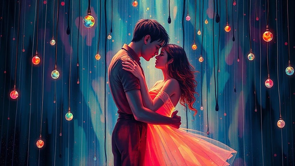 Ethereal Lovers Entwined in Raindrops, Surreal Illustration