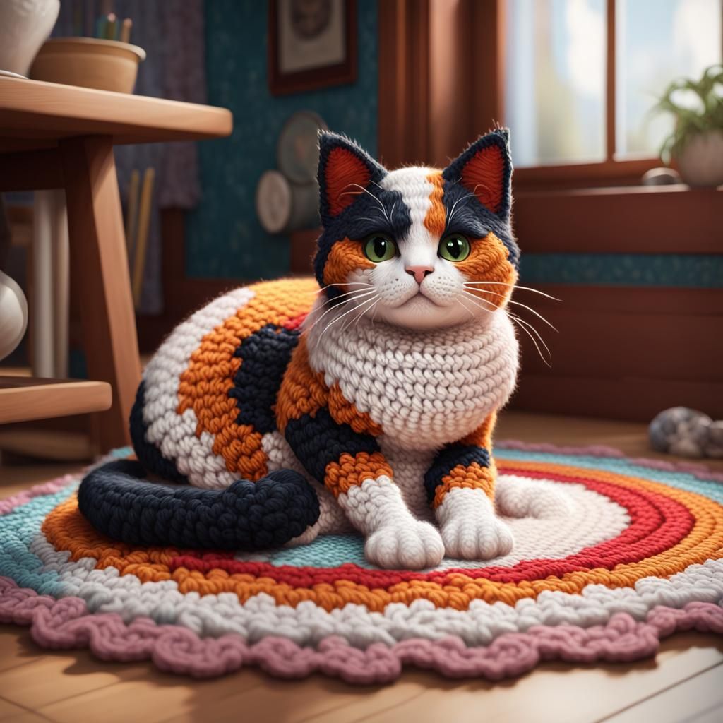 Realistic Crochet Calico Cat in Crochet House