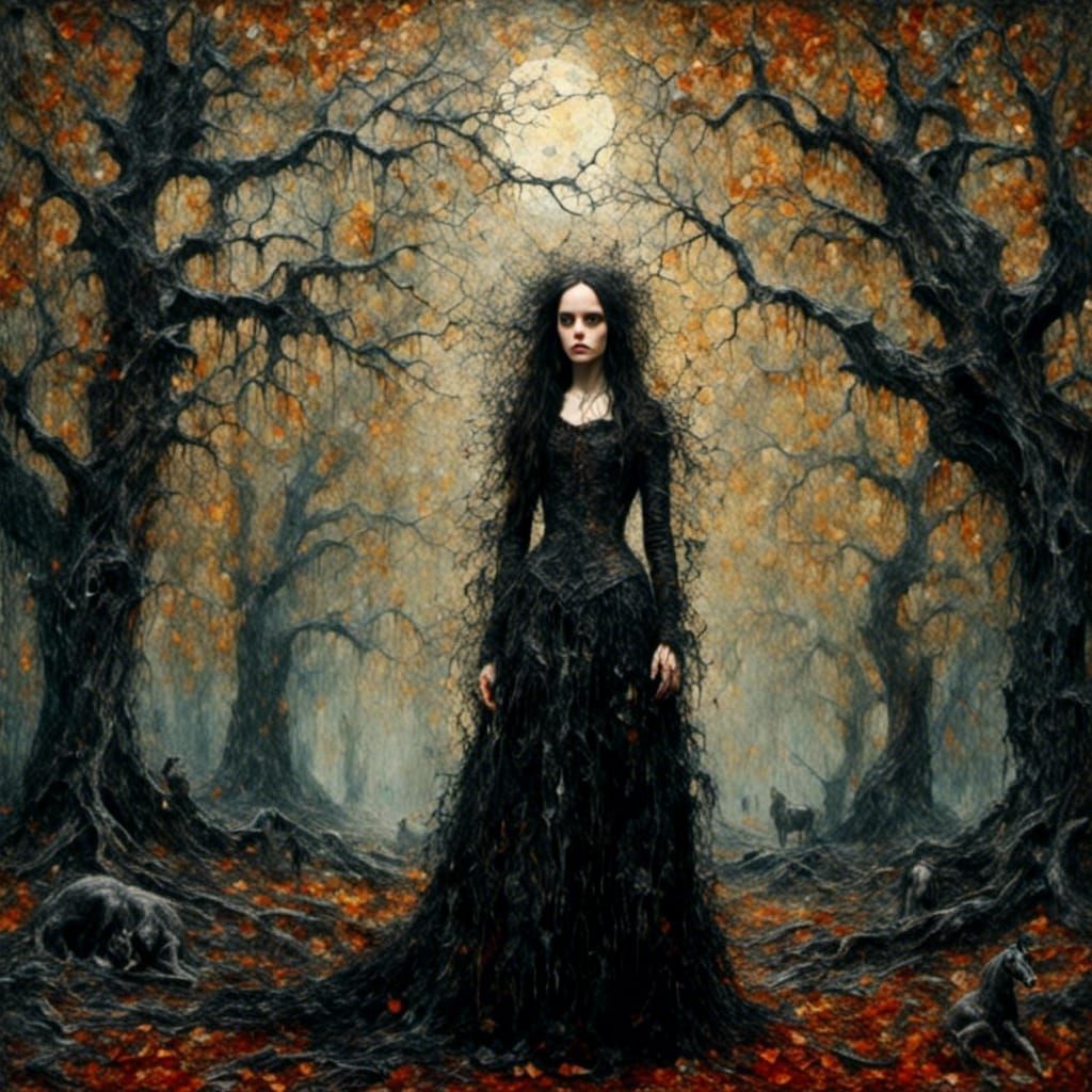 Macabre Lady in Winter Wood, Klimt-Inspired