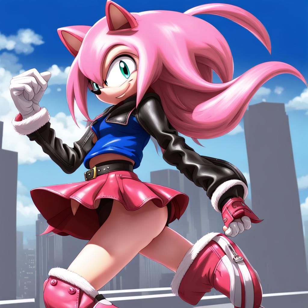 Amy Rose in Leather Skirt: Anime Style