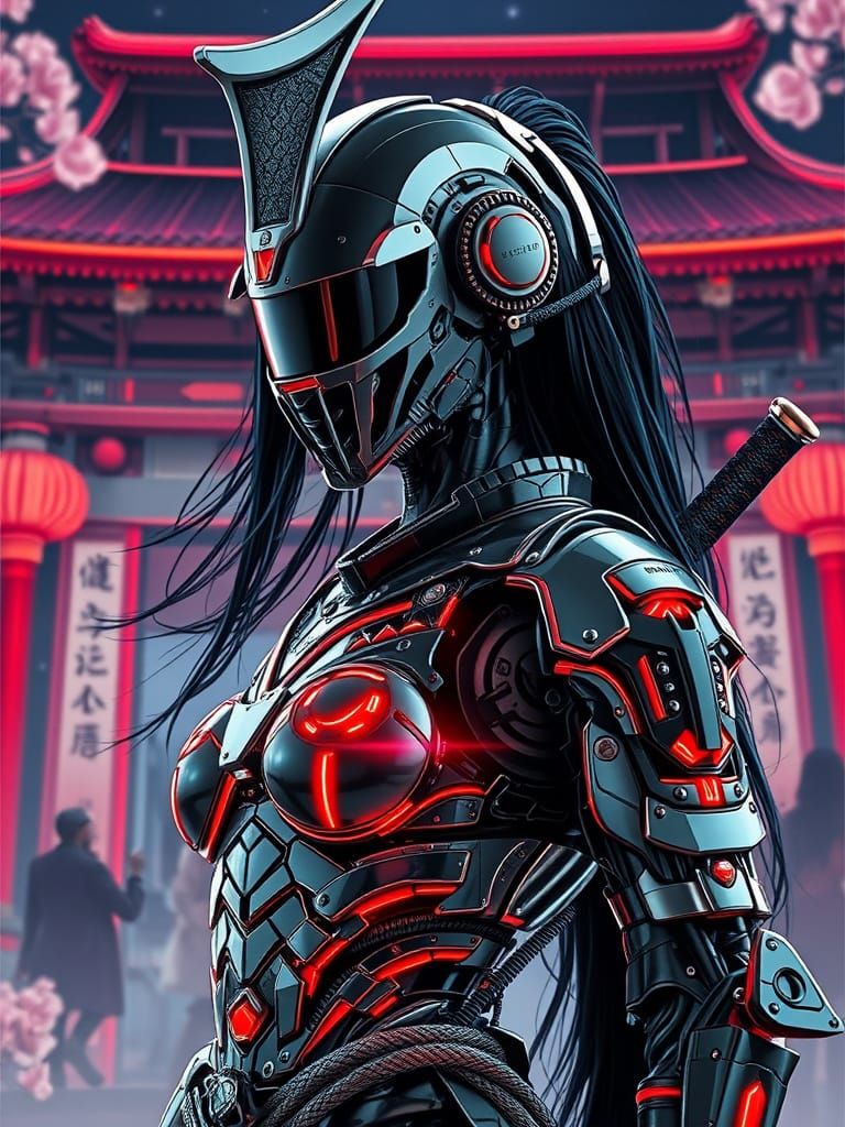 Cyberpunk Robot Samurai in Traditional Japanese Style
