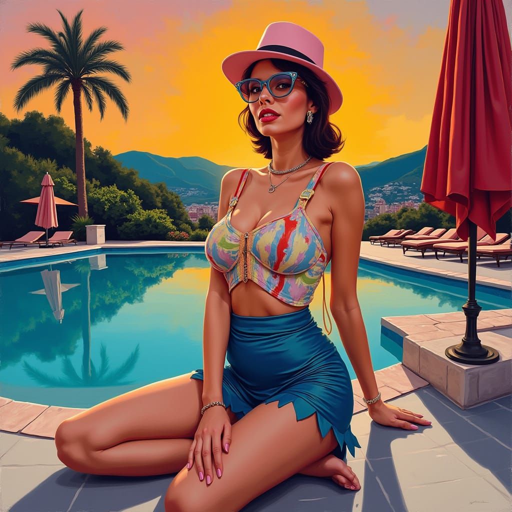 Austrian Pop Star in Vibrant Sunset Cityscape