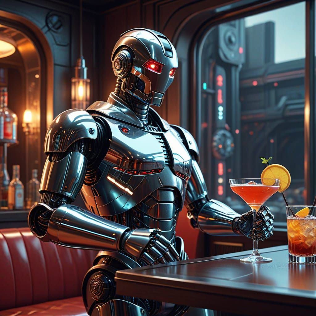 Retro Sci-Fi Robot Bartender Serving Cocktails