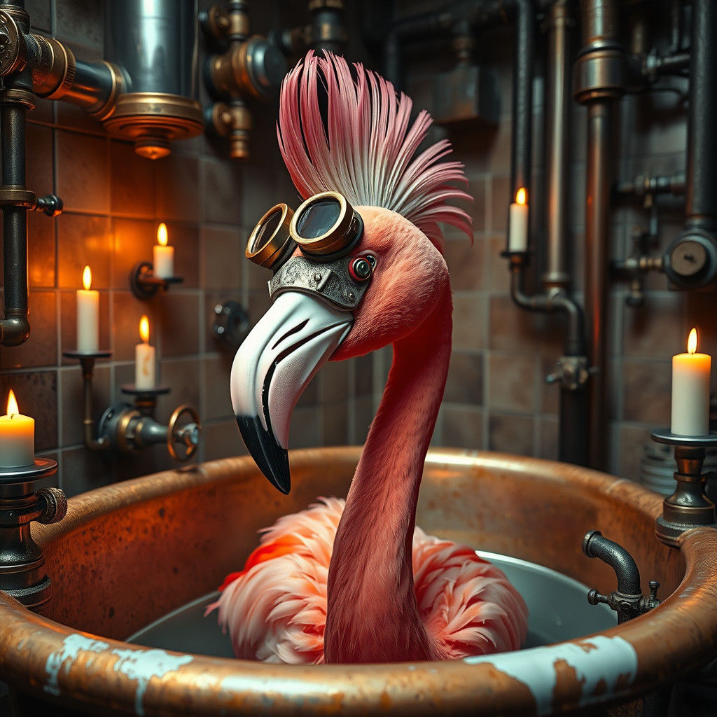 Steampunk Flamingo in Tub with Welding Goggles
