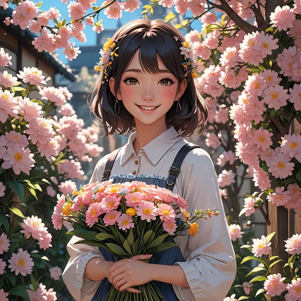 Smiling Girl with Flowers: 3D Anime Art