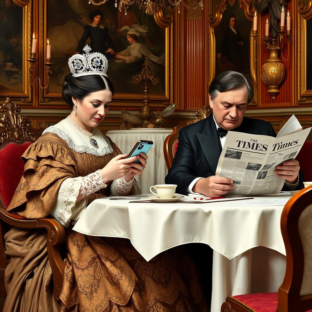 Queen Victoria Texting, Disraeli Reading, in Sargent Style