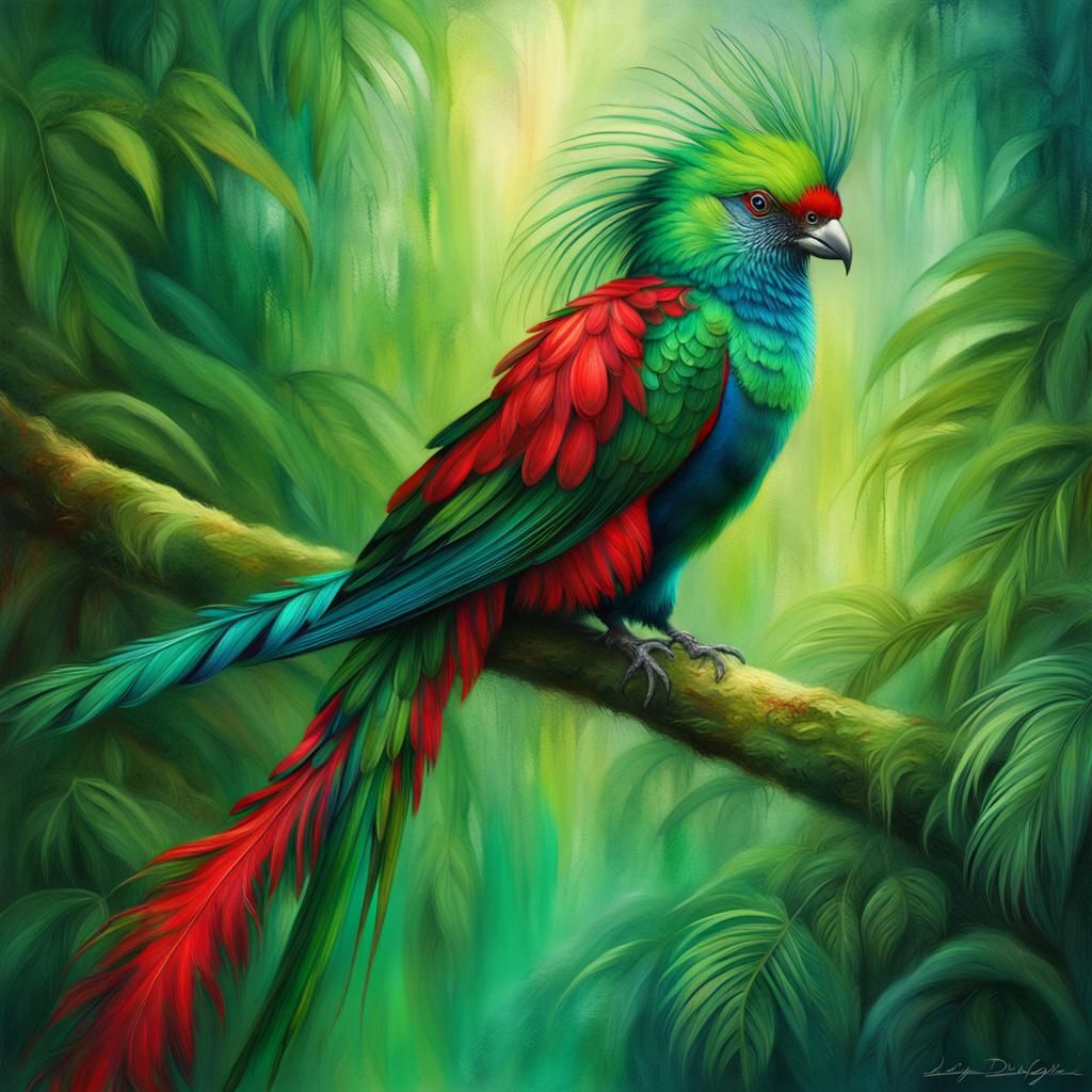 A Resplendent Quetzal bird (Pharomachrus mocinno) perched on a branch in the Amazon jungle.