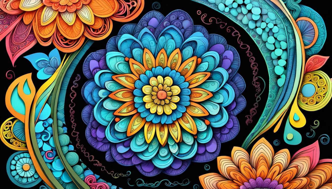 Colorful Whimsical Zentangle Flowers in Spring Colors
