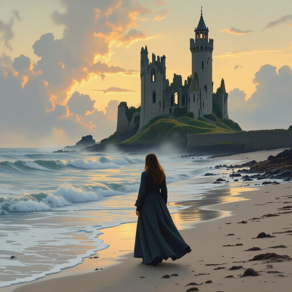English Channel Beach at Dusk with Medieval Castle