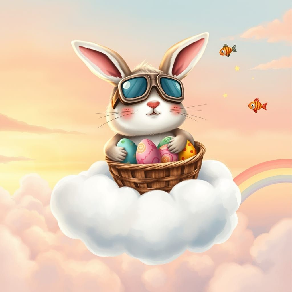 Watercolor-Pixel Bunny Soars Through Pastel Sunset on Cloud