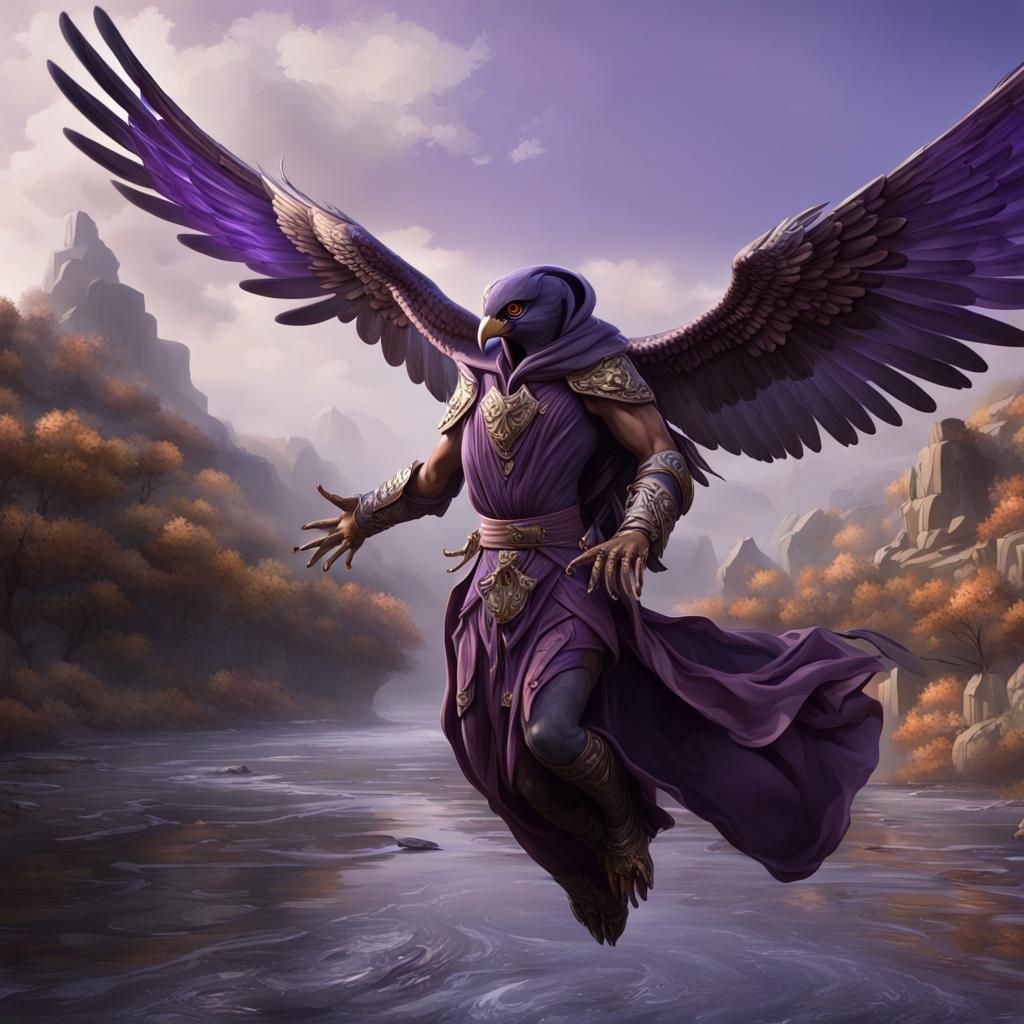 Purple Falcon Humanoid Hovering Above River: Fantasy Art
