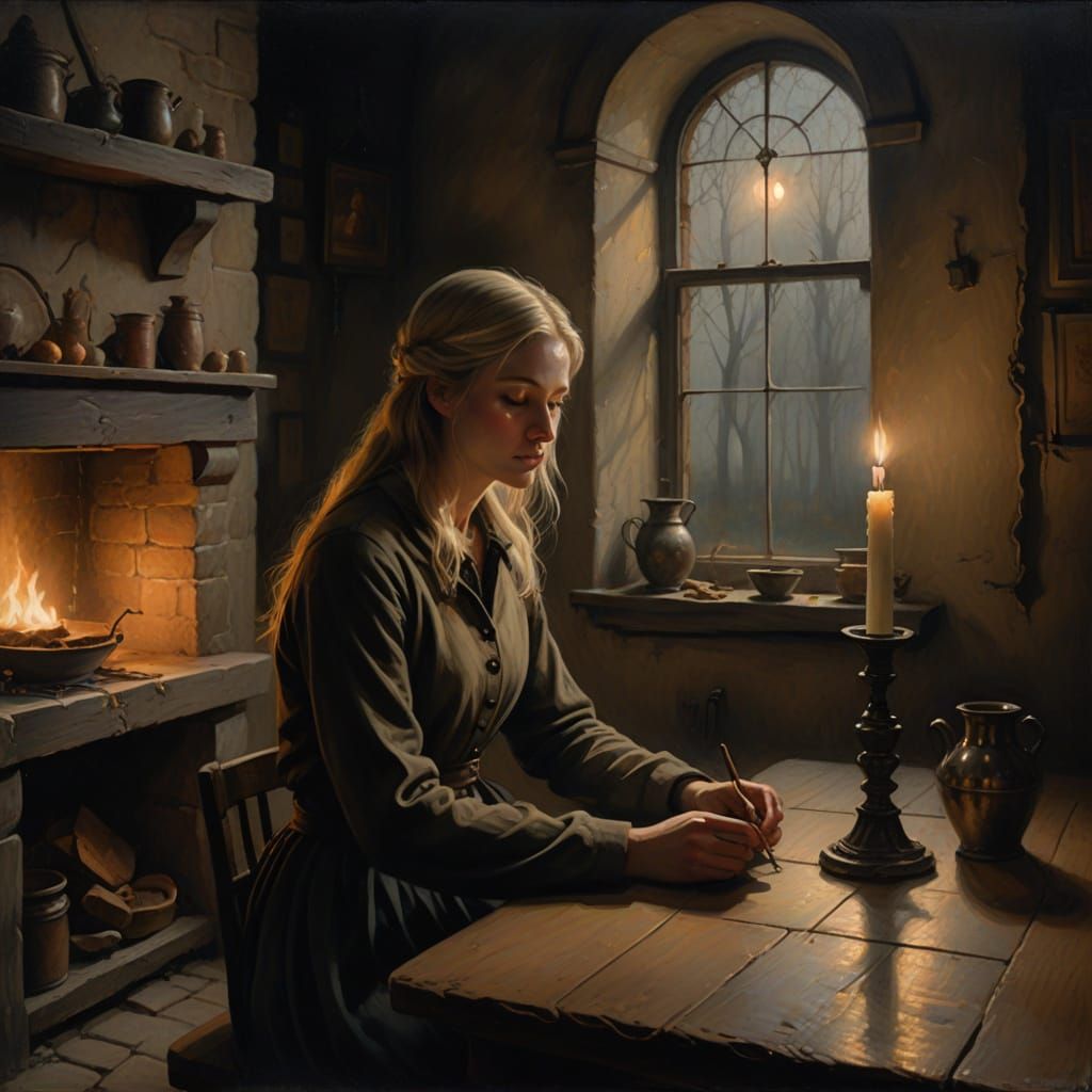Tonalist Oil Painting of Girl in Medieval Kitchen