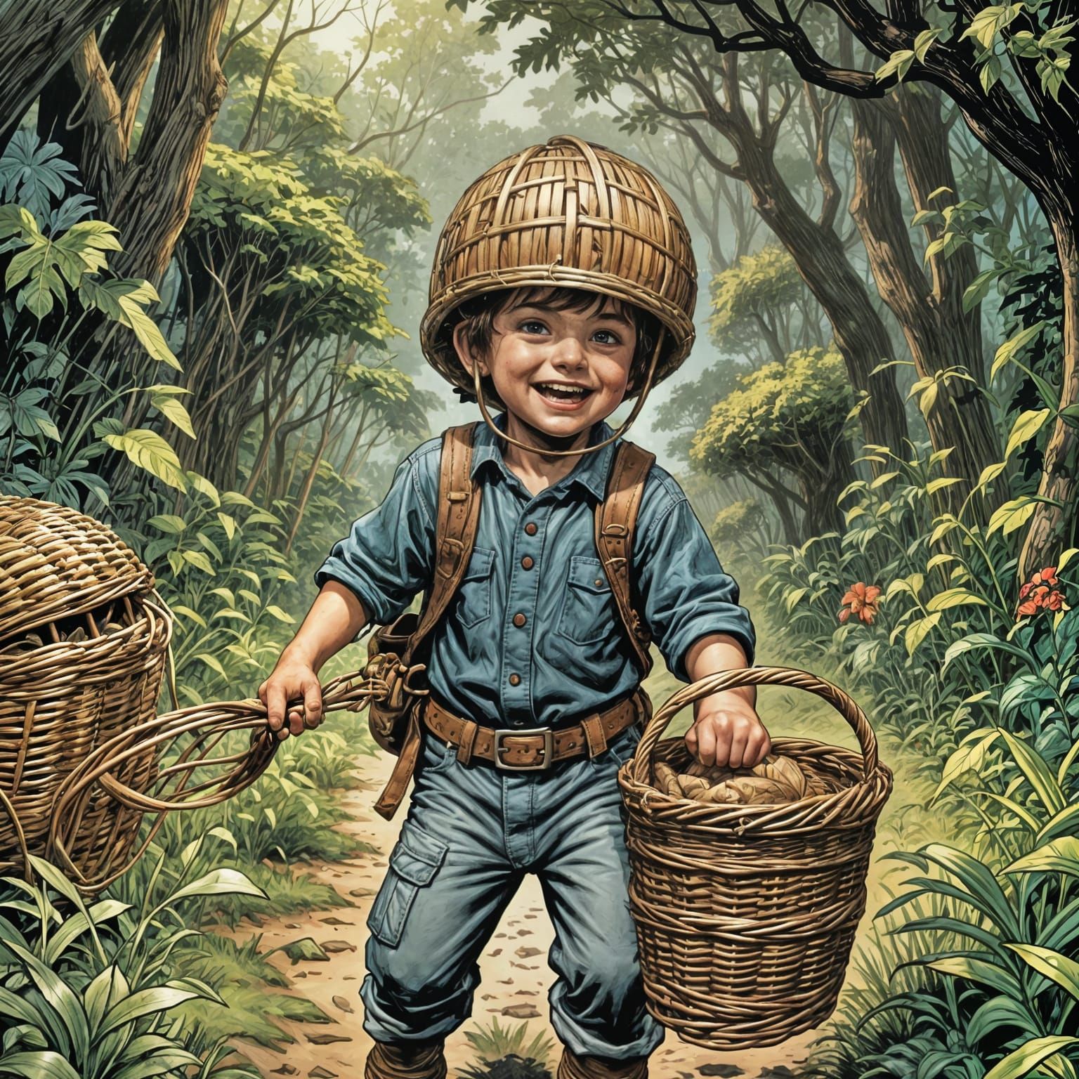 Happy Child with Wicker Basket Helmet