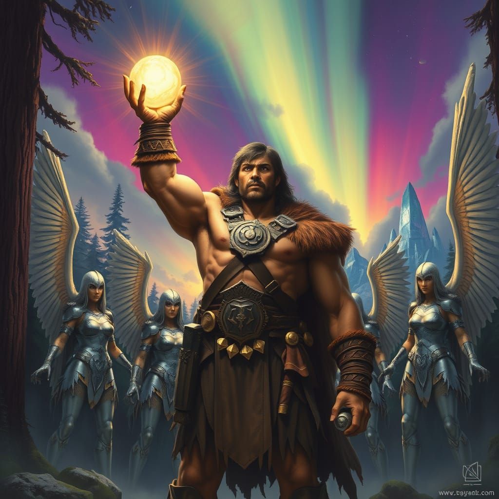 Conan the Barbarian Surrounded by Valkyries in a Radiant Red...